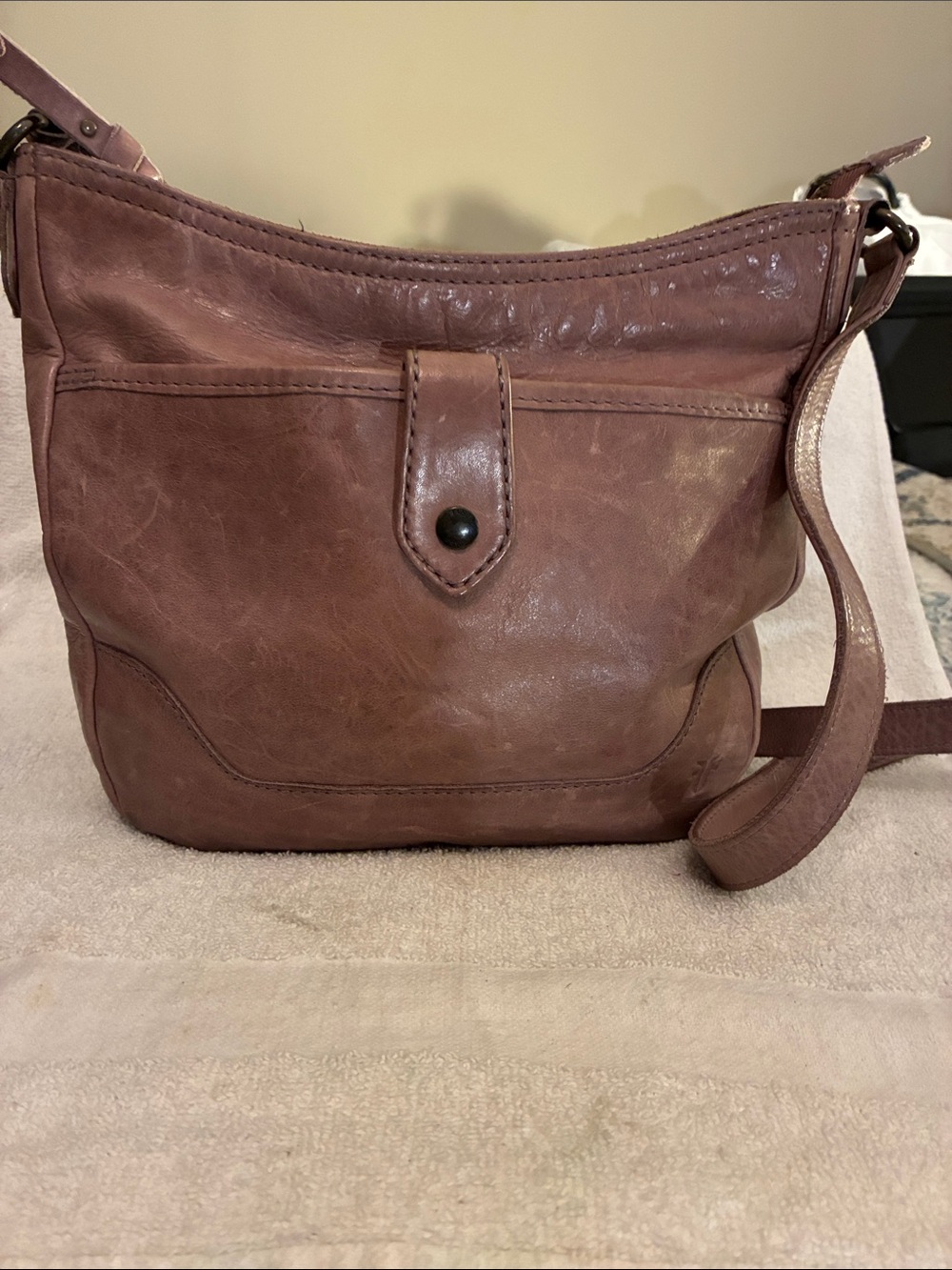 Frye “Melissa Button”muted  lucious brown leather crossbody Interior w/button